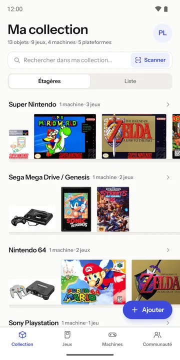 Écran « Ma collection » : étagères Super Nintendo, Mega Drive et Nintendo 64 avec leurs jaquettes