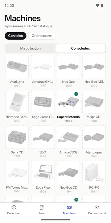 Consoledex : grille des consoles, celles possédées marquées d'une coche