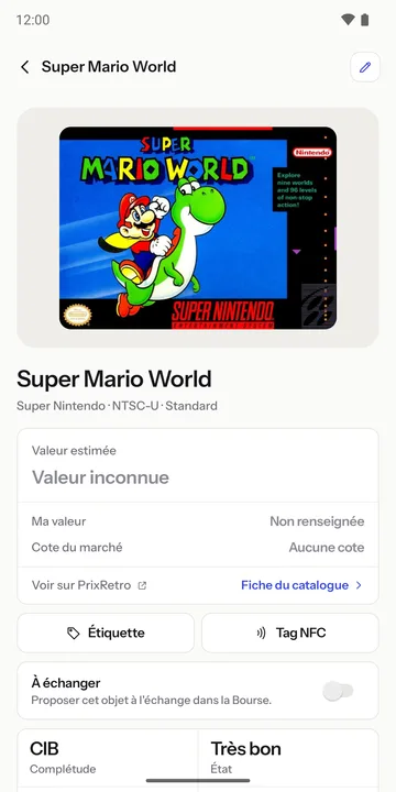 Fiche d'un exemplaire : complétude CIB, état Très bon, valeur estimée