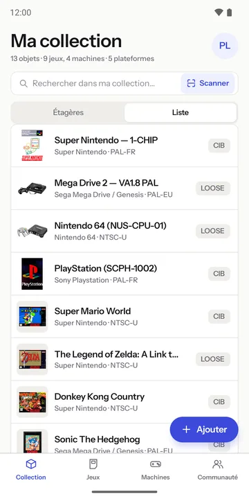 Vue en liste de la collection, avec la complétude de chaque objet (CIB, loose)