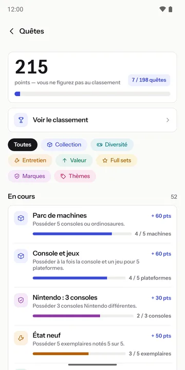 Écran des quêtes : score, progression et quêtes en cours